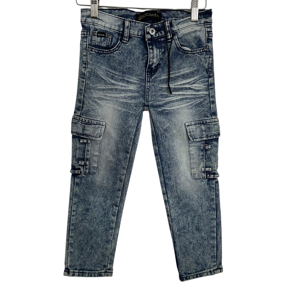 Rocawear Boys Skinny Cargo Jeans‎ Size 5 Blue Acid Wash Denim Pants Pockets